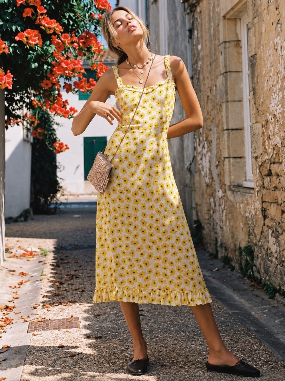 Faithful The Brand Noemie Ruffle Floral Crepe Midi Dress Cottagecore Size XS